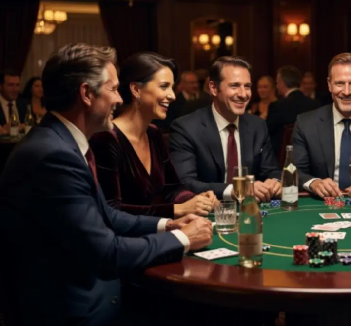 Grupa gości przy pokerowym stole podczas wieczoru integracyjnego